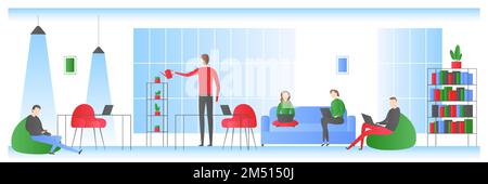 Mitarbeiter, der in einem modernen Büro mit Notebooks arbeitet. Vektordarstellung. Stock Vektor