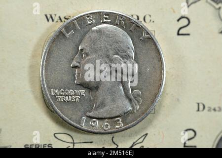 Amerikanische Vierteldollar-Münze, 25 25 Cent Serie 1963 mit George Washington, dem Gründervater und 1. Präsident der Vereinigten Staaten von A Stockfoto