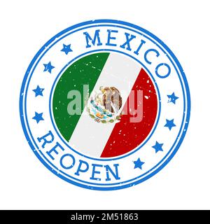 Mexiko Wiedereröffnungsstempel Rundes Abzeichen des Landes mit der Flagge von Mexiko. Wird nach dem Sperrzeichen wieder geöffnet. Vektorabbildung. Stock Vektor