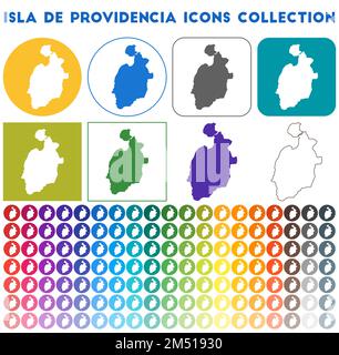 Ikonensammlung von Isla de Providencia. Bunte, trendige Kartensymbole. Modernes Isla de Providencia-Abzeichen mit Inselkarte. Vektordarstellung. Stock Vektor