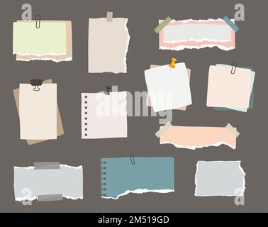Satz verschiedener Notizen auf Klebeband und Heftklammern, zerrissenes Papier, Erinnerungskarten. Modell für modernes Design, Präsentationen, soziale Medien. Stock Vektor