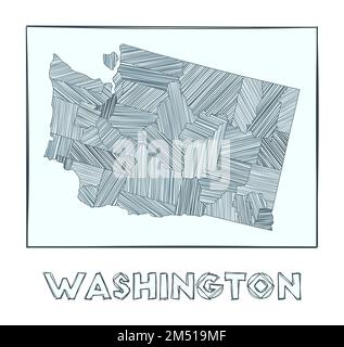 Eine Karte von Washington. Handgezeichnete Grauskala-Karte des US-Bundesstaates. Regionen mit Hachurestreifen gefüllt. Vektordarstellung. Stock Vektor