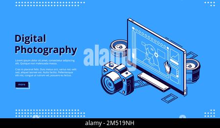 Isometrische Landing-Page für digitale Fotografie. Kurse, Kurse und Tutorials für Fotografen, Schulen oder Workshops. Fotokamera mit Objektiven und Filmvorderseite des PC-Desktops, 3D-Vektorgrafiken-Webbanner Stock Vektor