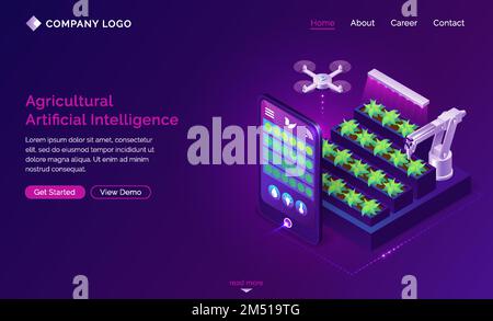 Isometrische Landingpage für landwirtschaftliche künstliche Intelligenz. Intelligente Landwirtschaft, KI-Technologien in der Agrarindustrie. Robotik versorgt Pflanzen, Smartphone-App-Steuerung Drohne, Automatisierung 3D Vektor Webbanner Stock Vektor