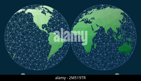 Globales Internet-Business-Konzept. Unterbrochene Mollweide-Hemisphären-Projektion. Grüne, niedrige Poly-Welt-Karte mit Netzwerkhintergrund. Super vernetztes gl Stock Vektor