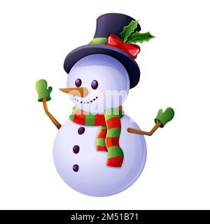 Süßer Schneemann mit Hut, Schal, emotionalem fröhlichem Gesicht im Cartoon-Stil, isoliert auf weißem Hintergrund. Weihnachtsfigur, Winterdekoration. Vektordarstellung Stock Vektor