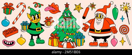 Frohe Weihnachten und ein frohes Neujahrspaket mit trendigen Retro-Cartoon-Figuren. Tolle Hippie-Weihnachtsaufkleber mit Weihnachtsmann, Weihnachtsbaum, Elf und Stock Vektor