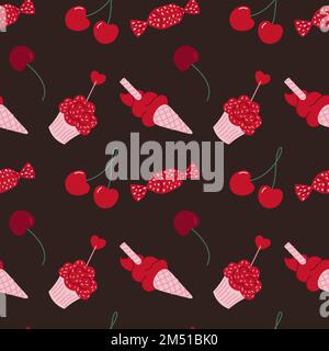 Süßer Kuchen, Eis und Kirsche, nahtloses Muster. Einfache Vektordarstellung im Doodle-Stil Stock Vektor