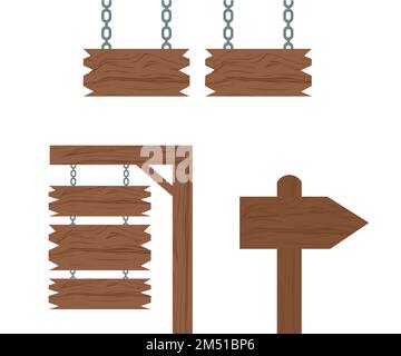 Set aus leeren Holzschildern, Holzschildertafeln, Logo-Design. Straßenschild-Set mit rechts-links-Schildern mit Platz für Ihre Nachrichten. Alte Holzplanken. Stock Vektor