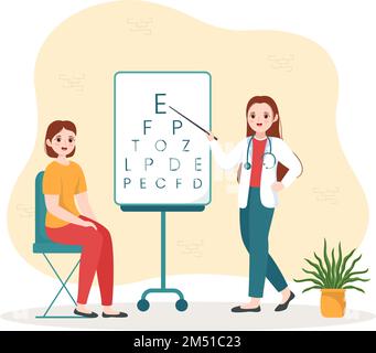 Optometrist with Ophthalmologist Checks Patient Sight, Optical Eye Test and Brillen Technology in Flat Cartoon Hand Drawn Templates Illustration Stock Vektor