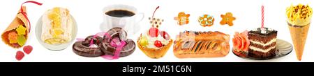 Süßes Gebäck und andere Desserts isoliert auf weißem Hintergrund. Breites Foto. Collage. Stockfoto