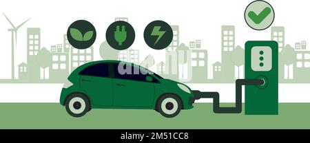 Ein nachhaltigkeitsorientierter Vektor eines umweltfreundlichen Elektroautos, das an einer Station in einer modernen Stadt in grünen Farben aufgeladen wird Stock Vektor