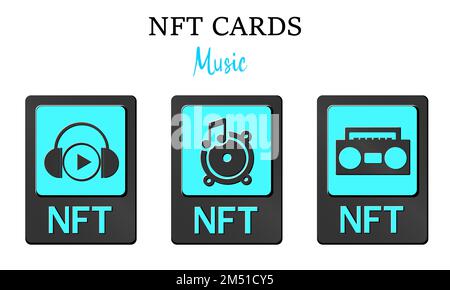 3D NFT-Tokenkarten in der Kryptografie. NFT-Karten mit Musik. Ein nicht fungierbares Token mit Informationen aus der Blockkette. ERC20. vector eps 10 Stock Vektor