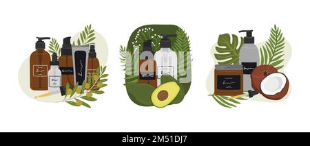 Set aus Kompositionen mit organischen Kosmetikprodukten in Flaschen, Gläsern für die Hautpflege mit abstrakter Form und Grün. Reiniger, Tonner, Serum, Öl, Crea Stock Vektor