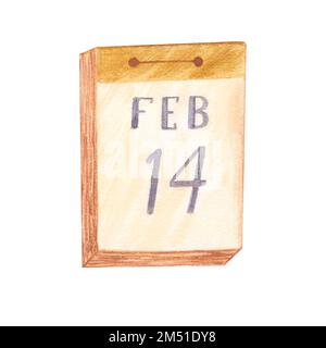 Kalender 14. februar Erinnerung valentinstag. Aquarelldarstellung. Nachricht für den valentinstag über die Liebe. Isoliert auf weißem Hintergrund. Stockfoto