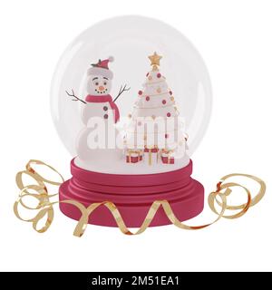 3D Rendern Sie Schneekugel mit Schneemann, Weihnachtsbaum, Geschenkschachteln und goldenem Ribbon. Festliche Dekoration in Rot und Gold zu Weihnachten, Neujahr ca. Stockfoto