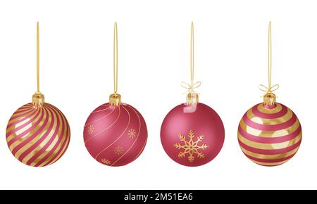 Set mit 3D Weihnachtsspielzeugen zum Rendern. Draufsicht. Rote und goldene Weihnachtskugeln auf einem goldenen Band. Festliche Dekoration von Weihnachts- und Neujahrskarten, Invita Stockfoto
