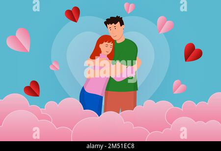 Ein glücklicher Valentinstag mit freundlichem Paar, Herzen und Wolken Stock Vektor