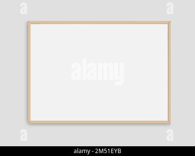 Realistisches Fotorahmen-Modell. Querformat großes A3, A4 Holzrahmenmodell an weißen, leeren Wänden. Einfach, sauber, modern, minimalistischer horizontaler Posterrahmen Stockfoto
