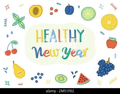 Gesundes Silvester-Schriftzug. Leuchtend bunte Früchte und Beeren. Ananas, Erdbeere, Limette, Birne, Kirsche, Wassermelone, Pflaume, Pfirsich, Traube, Kiwi, Minze, Stock Vektor