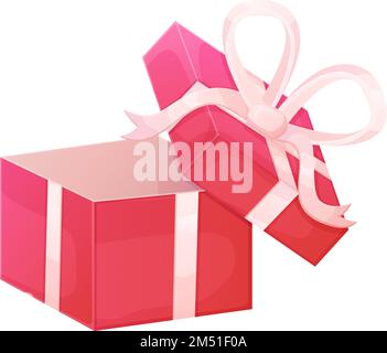 Geöffnete rote Box mit roter Schleife. Darstellung isoliert auf weißem Hintergrund in realistischem Cartoon-Stil. Stock Vektor