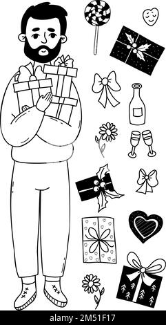 Vector Collection Happy man mit Geschenken und weihnachtsboxen, Lutscher, Blume, Schleifen und Gläsern mit Flasche. Isolierte Kritzeleien. Männliches Zeichen f Stock Vektor
