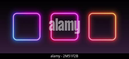 Quadratische Neonrahmen, verlaufende leuchtende Ränder, isolierte UI-Elemente. Futuristische Avatarrahmen für die Spieloberfläche Stock Vektor
