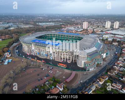 Aus der Vogelperspektive des Allianz Stadions, Twickenham, ehemals Twickenham Rugby Stadium, Heimstadion des England Rugby, London, Großbritannien. Stockfoto