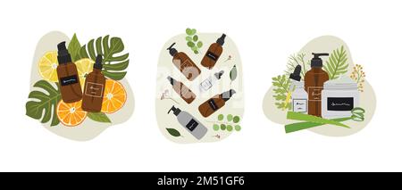 Set aus Kompositionen mit organischen Kosmetikprodukten in Flaschen, Gläsern für die Hautpflege mit abstrakter Form und Grün. Reiniger, Tonner, Serum, Öl, Crea Stock Vektor