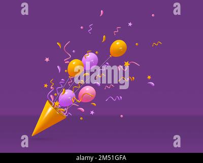 Konfetti-gelber Partyhut mit Ballons. Stock Vektor