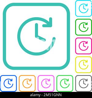 Kreisförmiger Vorwärtspfeil und Uhr lebendige farbige flache Symbole in gekrümmten Rändern auf weißem Hintergrund Stock Vektor