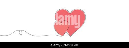 Fortlaufende Linienzeichnung eines Liebeszeichens mit zwei Herzen auf weißem Hintergrund Stock Vektor