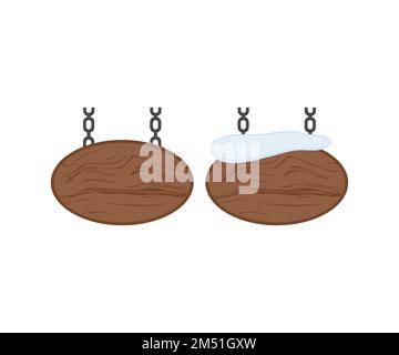 Holzschilder, Holzschilder, Logo-Design. Schilder mit Platz für Ihre Nachrichten. Alte Holzplanken im Sommer und Winter mit schneebedeckten Schildern. Stock Vektor