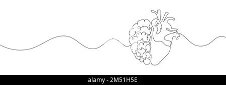 Eine Strichzeichnung eines halben menschlichen Gehirns und eines menschlichen Herzens. Stock Vektor