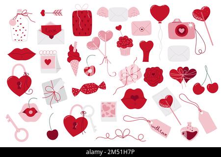 Valentinstag-Set. Liebeselemente. Einfache Vektordarstellung im Doodle-Stil Stock Vektor