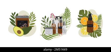 Set aus Kompositionen mit organischen Kosmetikprodukten in Flaschen, Gläsern für die Hautpflege mit abstrakter Form und Grün. Reiniger, Tonner, Serum, Öl, Crea Stock Vektor