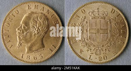 Königreich Italien, alte Goldmünze, 20 Lire, Jahr 1865, Marengo, Makrofoto vorne und hinten Stockfoto