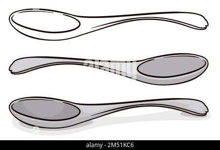Set mit drei Löffeln in verschiedenen Styles: Konturen, flache Farben und Cartoon-Stil. Stock Vektor