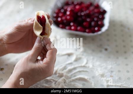 Frauenhände kochen Knödel mit Kirschen. Hausgemachte rohe Knödel mit frischen Beeren. Stockfoto