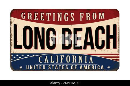 Grußzeichen aus Long Beach-Oldtimer aus rostigem Metall auf weißem Hintergrund, Vektorgrafik Stock Vektor