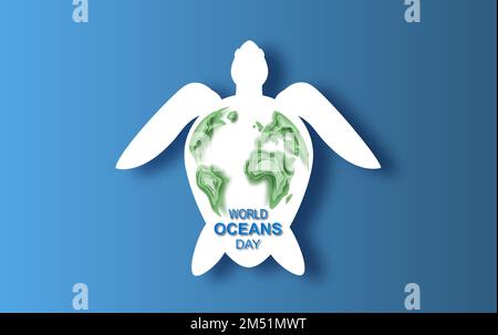 Papierkunst und Schnittkonzept des Weltmeertags. Feier zum Schutz der Meereserde und zur Erhaltung des Wasserökosystems. Blaues Origami-Papier Stock Vektor