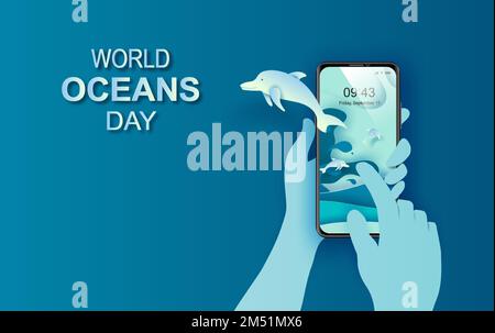Papierkunst und Schnittkonzept des Weltmeertags. Feier zum Schutz des Meeres und zur Erhaltung des Wasserökosystems. Blaues Origami-Papier aus dem Meer Stock Vektor