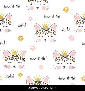 Nahtloses Cartoon-Leoparden-Prinzessinnen-Muster. Babyabdruck, Kindertextilien. Stock Vektor