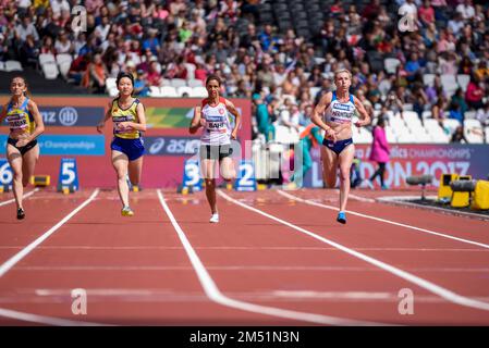 Xiaoyan Wen, Neda Bahi und Georgina Hermitage treten in den T37 100m bei den World para Athletics Championships 2017 im Londoner Stadion in Großbritannien an Stockfoto