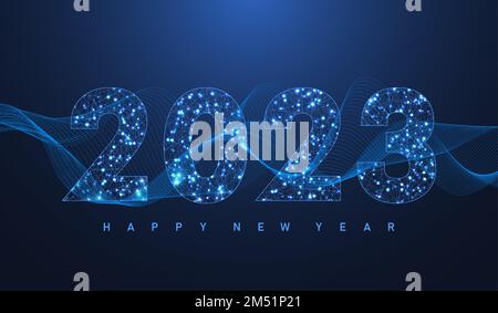 Moderne futuristische Technologievorlage für Merry Christmas und Happy New Year 2023 mit verbundenen Linien und Punkten. Plexus geometrischer Effekt. Global Stock Vektor