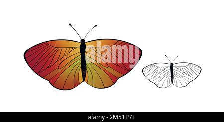 Lustige bunte Schmetterling. Flacher Vektor-Satz von detailreichen Schmetterlingen. Niedliche Charaktere. Karte, Postkarten für Kinder. Symbol „Silhouette“ Stock Vektor
