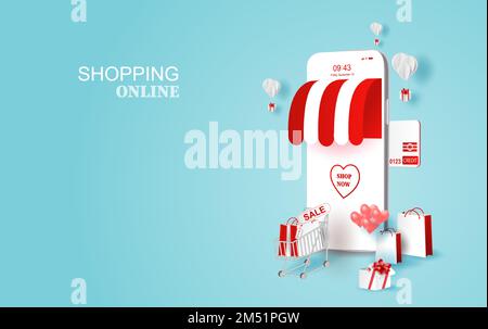 Geschenkbox für Papierbeutel im Hintergrund. Frohes Valentinstag- und frohe Weihnachtskonzept. Smartphone-Shopping im Urlaub. Isometrische Mo Stock Vektor