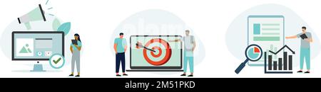 Illustration für digitales Marketing – Charaktere, die das Produkt mit großen Lautsprechern bewerben Stock Vektor