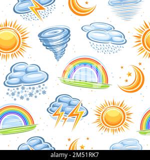 Vector Weather Symbole nahtloses Muster, wiederkehrender Hintergrund mit Illustration der Sommersonne, blaue Winterschneewolke, Mond mit Sternen auf weißem Hintergrund Stock Vektor