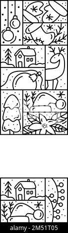 Vektor Weihnachtsdekoration Monoline Rahmen mit Platz für Text. Winterlinienkunst. Weihnachtsgrußkartenkugel, Baumstern und Kerze Illustration Stock Vektor